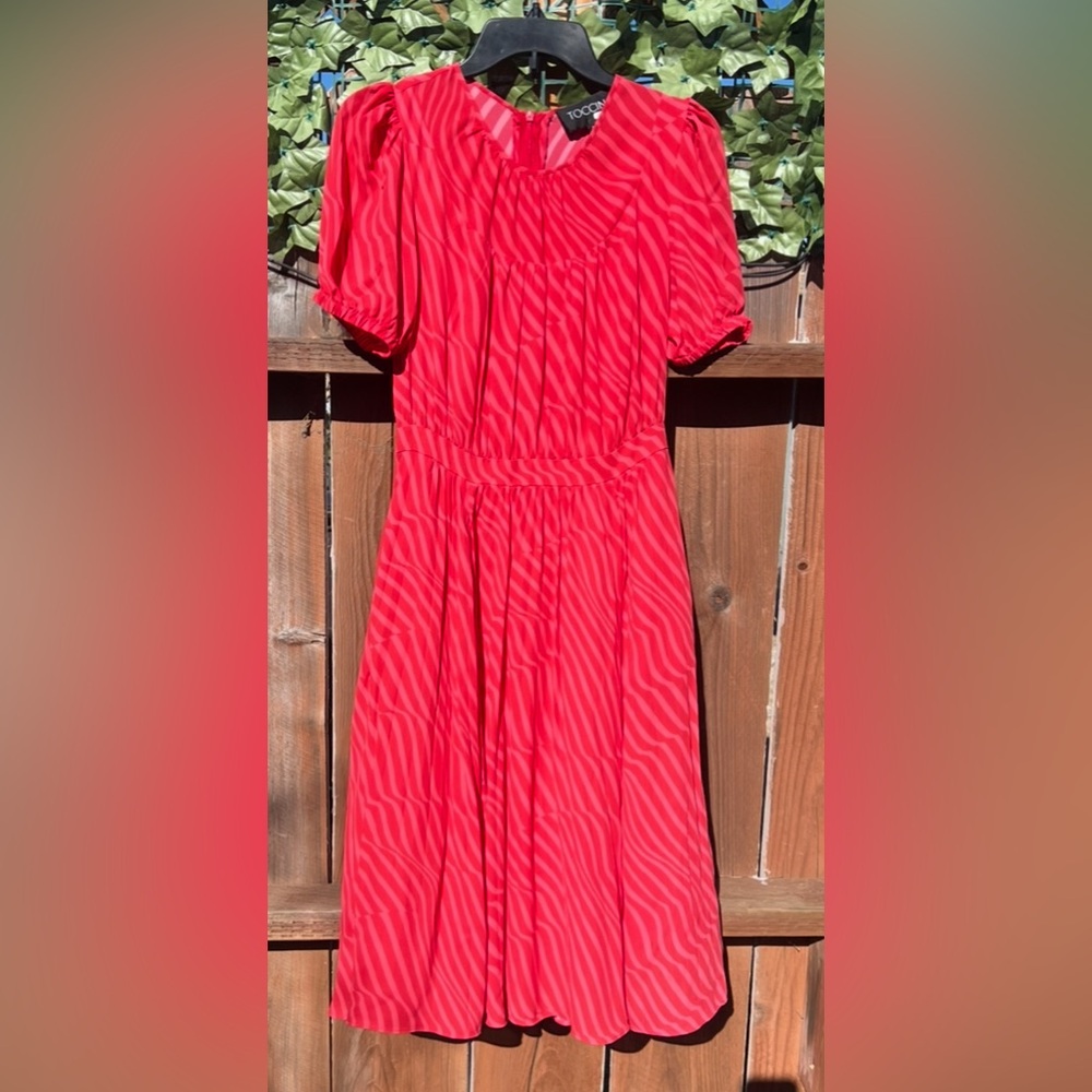 TOCCIN Dresses Elyse Striped Pleated Formal Vibrant Red Midi Dress